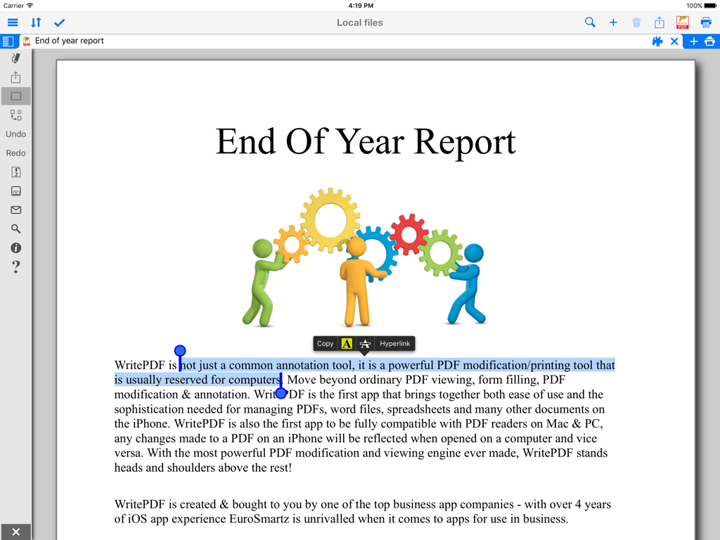 iPad画面。プロフェッショナルなPDFレポートでテキストハイライトと注釈オプションが表示されています。