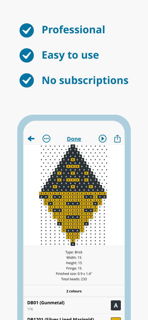 Loomerly app interface showing a brick stitch bead pattern and professional features.