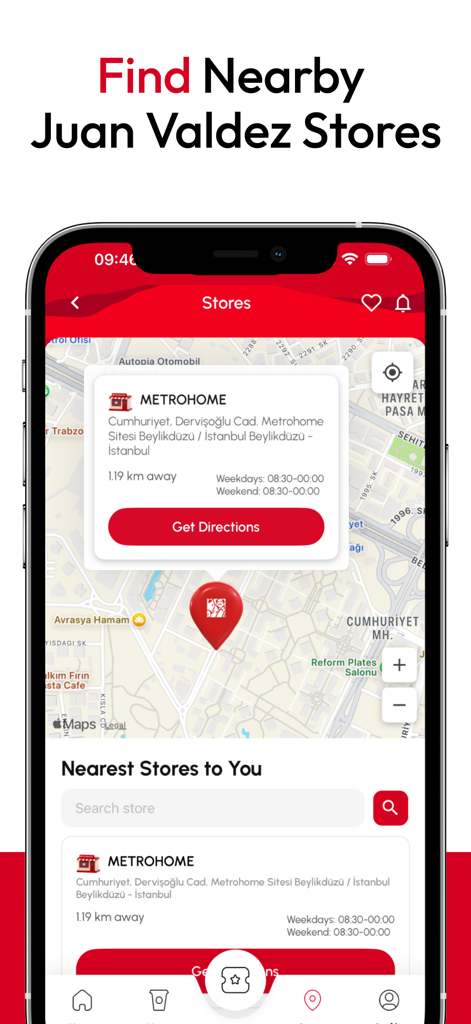Juan Valdez Türkiye - Pantalla de la aplicación Juan Valdez que muestra un mapa con ubicaciones de tiendas cercanas e indicaciones