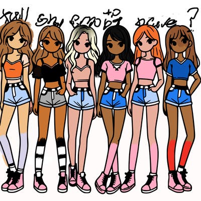 a group of girls wearing crop tops and shorts
