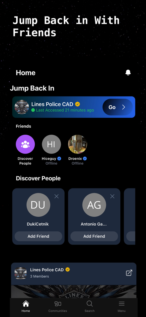 LPC-APP - Home screen of the Lines Police CAD app showing sections for friends and community discovery