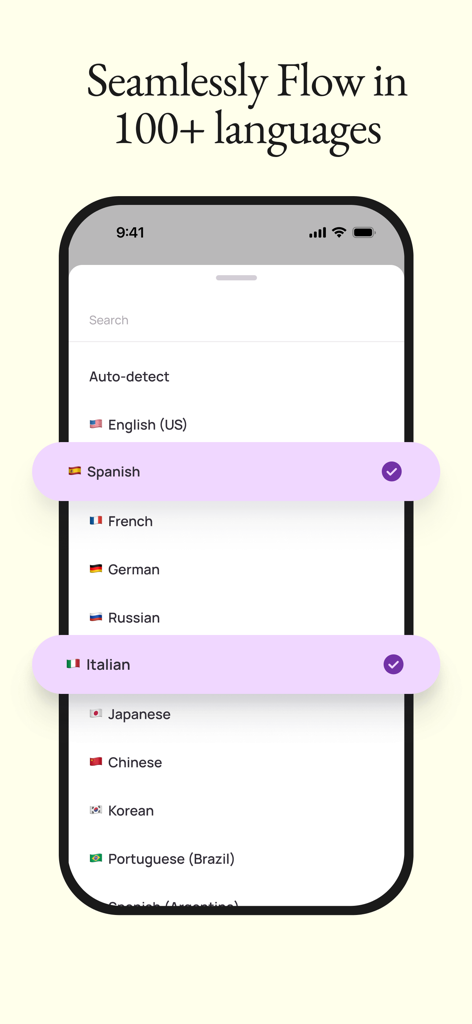 Interfaccia dell'app Wispr Flow che mostra un elenco di oltre 100 lingue supportate per la digitazione vocale AI, tra cui inglese, spagnolo e italiano