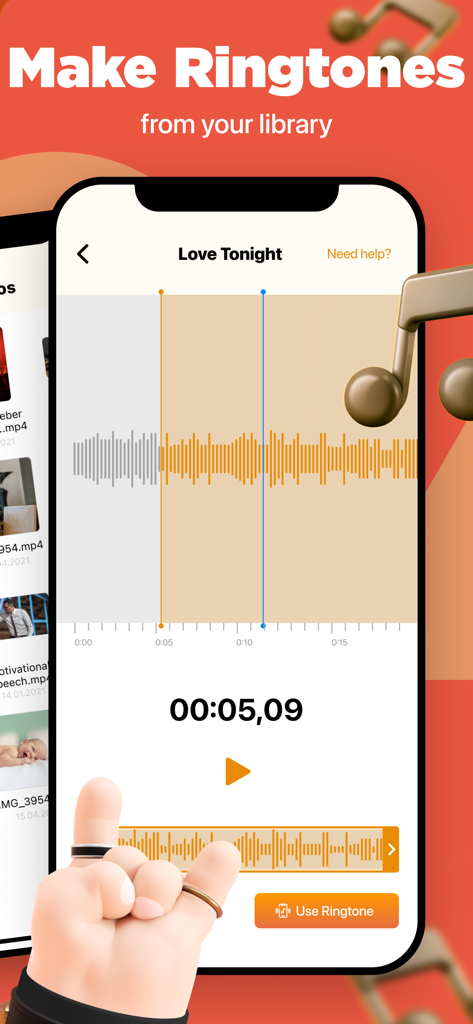Interfaccia dell'app Video to MP3 Converter che mostra lo strumento per la creazione di suonerie con una forma d'onda audio e il pulsante usa suoneria