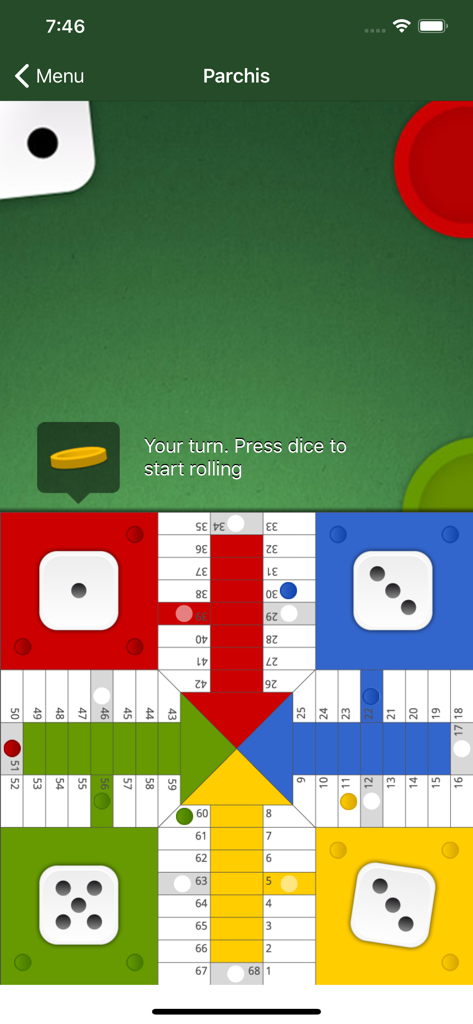 Board Games Lite - Gameplay screen of a Parchis board game with a colorful classic layout and dice.
