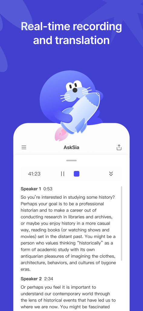 AskSia - Interfaz de la aplicación AskSia que muestra la grabación de conferencias en tiempo real y la función de transcripción de audio