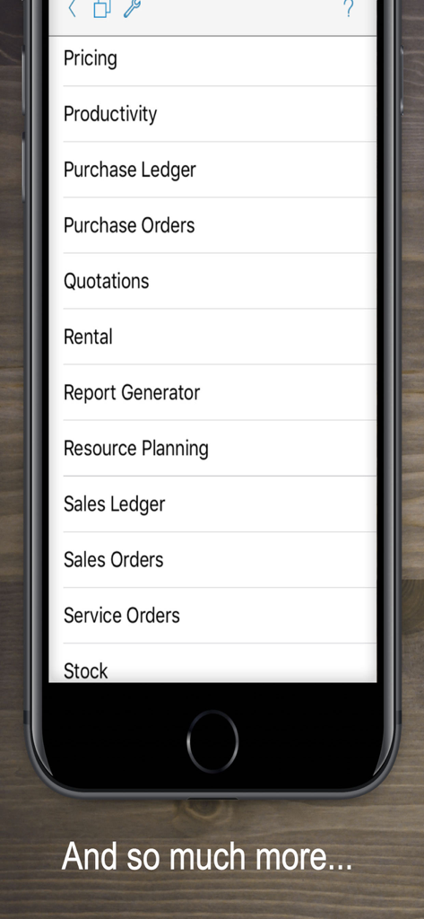 Standard ERP - List of modules in the Standard ERP mobile app including Purchase Orders, Sales Ledger, and Resource Planning.