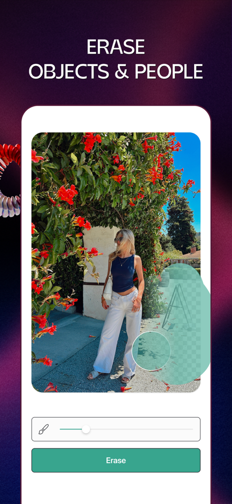 Une femme utilisant l'outil d'effacement d'objets et de personnes dans l'application Lift pour nettoyer une photo lifestyle