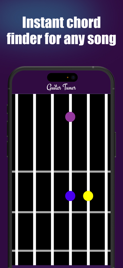 Instant chord finder interface showing guitar fretboard finger positions with colored dots