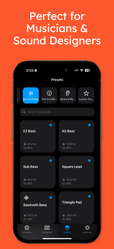 ToneWave Pro - ToneWave Pro app interface showing the sound design presets library with various bass and lead synthesizer tones.
