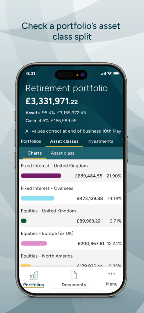 Quilter Cheviot - A mobile screen showing the asset class breakdown and valuation of a retirement portfolio in the Quilter Cheviot app