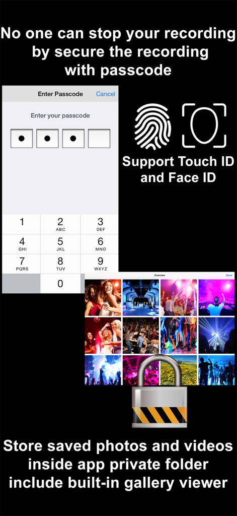SP Camera - Funciones de seguridad de SP Camera que muestran una pantalla de entrada de contraseña, soporte para Touch ID y Face ID, y una carpeta de galería privada bloqueada.