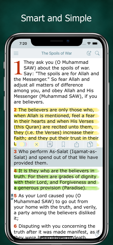 Smartphone screen showing the Noble Quran app with English translation and highlighted verses.