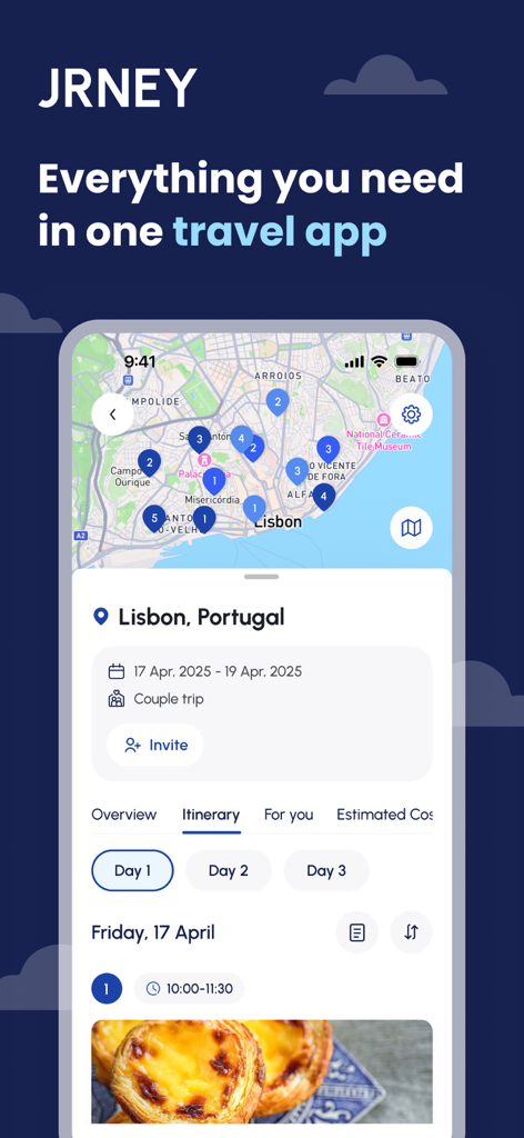 JRNEY - AI Trip Planner - JRNEY AI Trip Planner app interface showing a detailed Lisbon travel itinerary and map