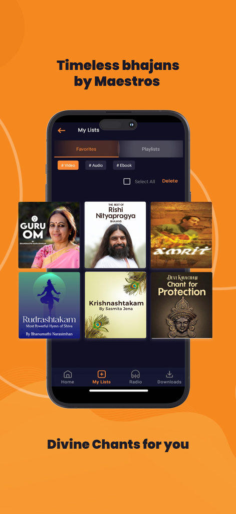 Art of Living: Meditation,Yoga - Una pantalla de smartphone mostrando una colección de canciones devocionales y cánticos divinos en la aplicación El Arte de Vivir