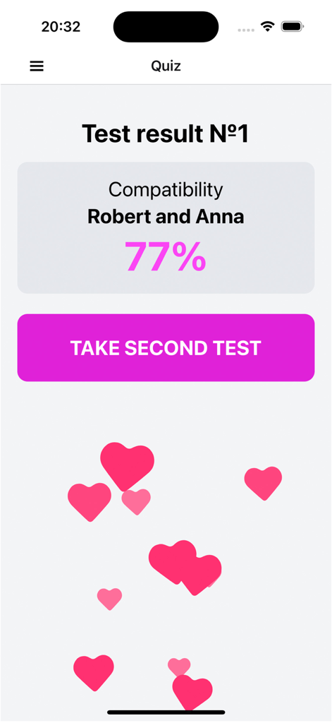 Ein Screenshot der Love Tester App, der ein Kompatibilitäts-Ergebnis von 77 Prozent für ein Paar namens Robert und Anna anzeigt