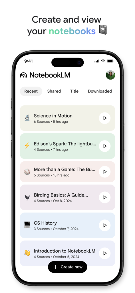 Interfaz de la aplicación Google NotebookLM que muestra una lista de cuadernos recientes en un iPhone.