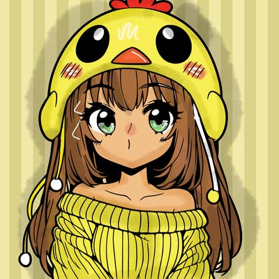 anime girl with chick shaped hat with sweater with bare shoulders with bangs covering them one eye with low tail