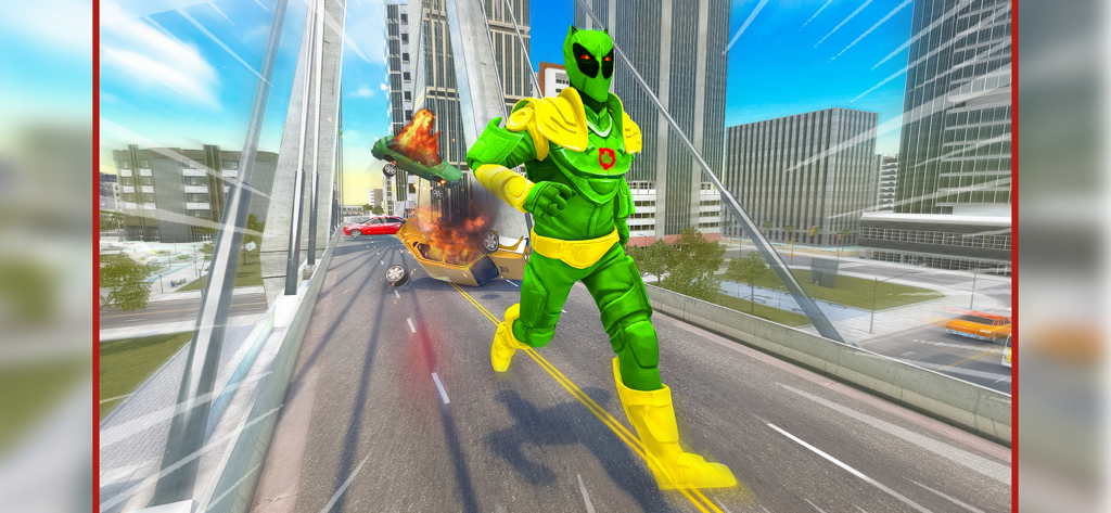 Superhero Fight:Mad City Story - A green superhero running fast on a city bridge with car explosions in the background.