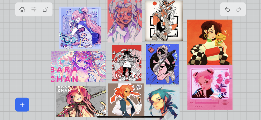 A digital reference board showing a collection of character illustrations arranged on a grid within the VizRef Lite app.