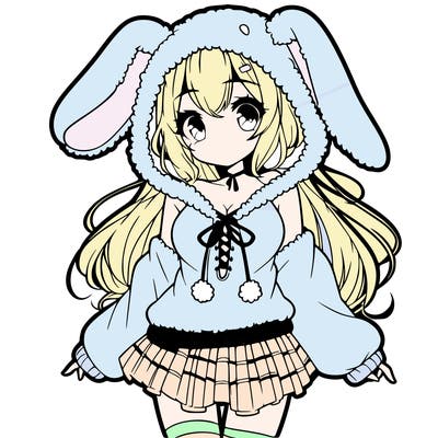 pretty anime girl wearing a fluffy hoodie with bunny ears on the hood and a skirt