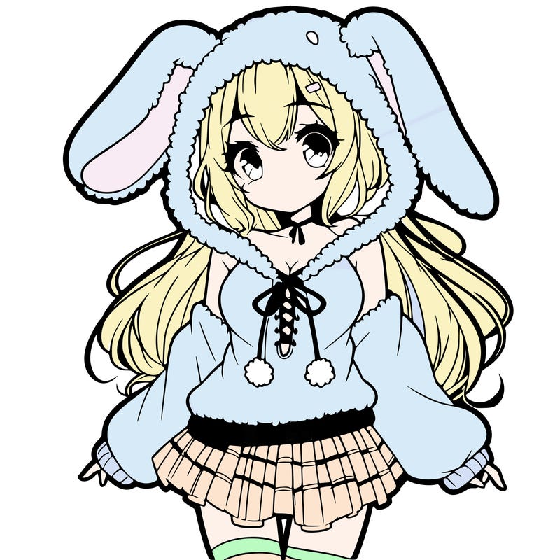 pretty anime girl wearing a fluffy hoodie with bunny ears on the hood and a skirt