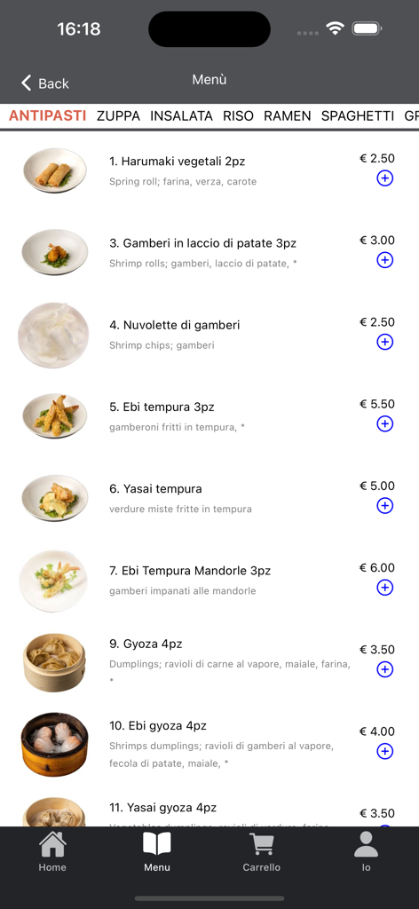 A screenshot of the Sushi Koi Eur app showing the appetizers menu with names prices and photos of dishes like spring rolls and dumplings