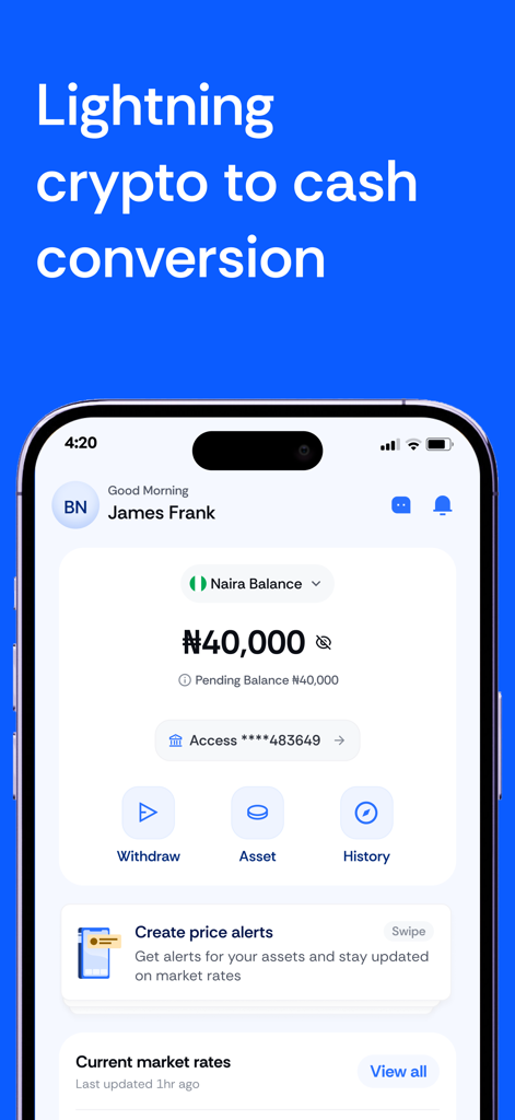 Xebar mobile app dashboard showing a Naira balance and options for lightning fast crypto to cash conversion