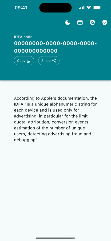 Captura de pantalla de la aplicación IDFA que muestra el código del identificador del dispositivo con botones de copiar y compartir.