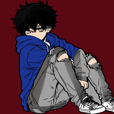 a male hoddie ripped jeans messy hair anime