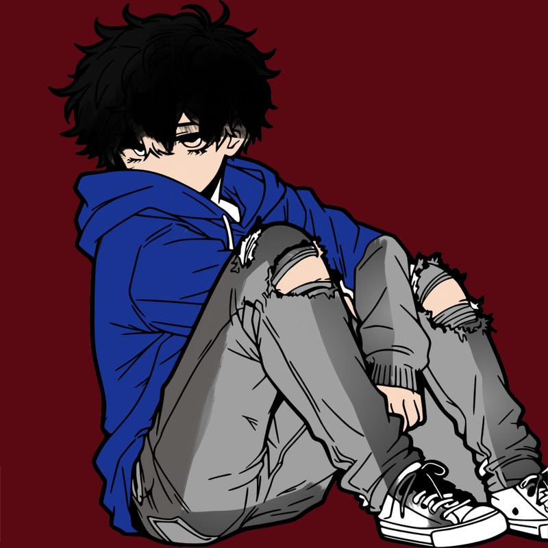 a male hoddie ripped jeans messy hair anime
