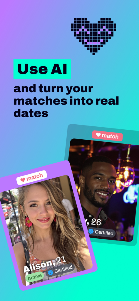 Rizz God - AI Pick Up Lines - Promotional screen for Rizz God app illustrating how AI turns dating app matches into real dates