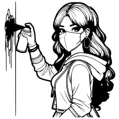 realistic girl with mask spray painting a wall