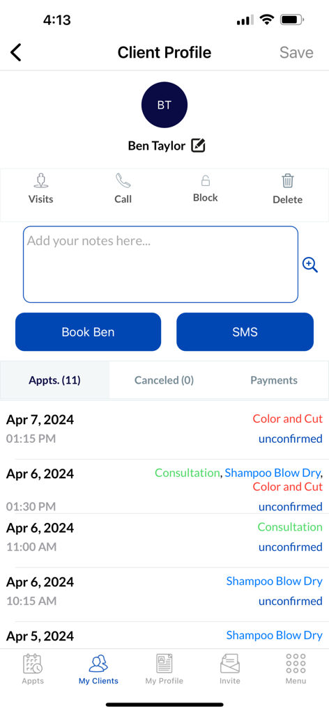 Ring My Loctician: Booking App - A client profile screen in the Ring My Loctician app displaying appointment history and management options.