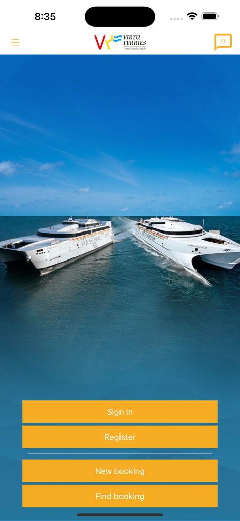 Schermata principale dell'app mobile Virtu Ferries con catamarani ad alta velocità e pulsanti di prenotazione