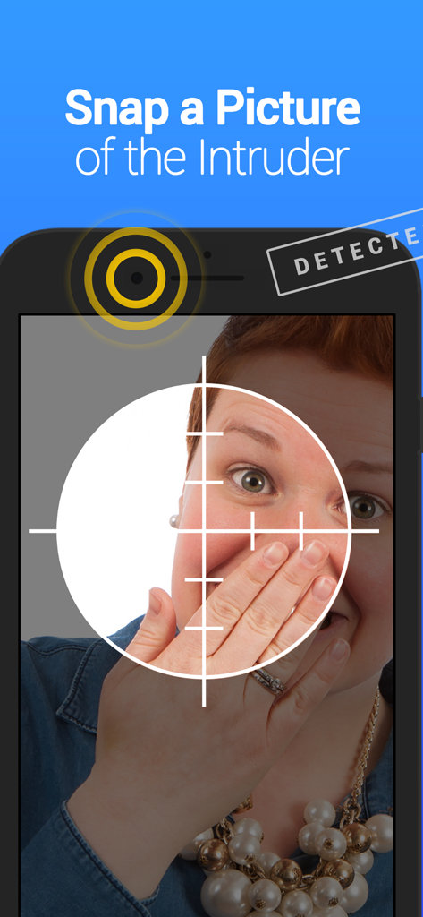 スマートフォン画面。侵入者自撮り機能が、Vaultアプリにアクセスしようとした不正ユーザーの写真を撮影している様子を表示しています。