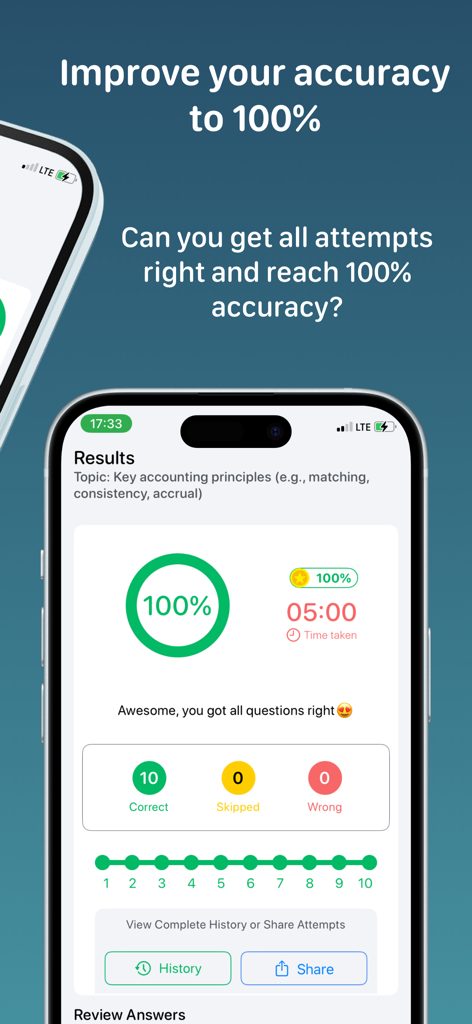 Accounting Quiz+ - Accounting Quiz app results screen displaying a one hundred percent accuracy score for accounting principles