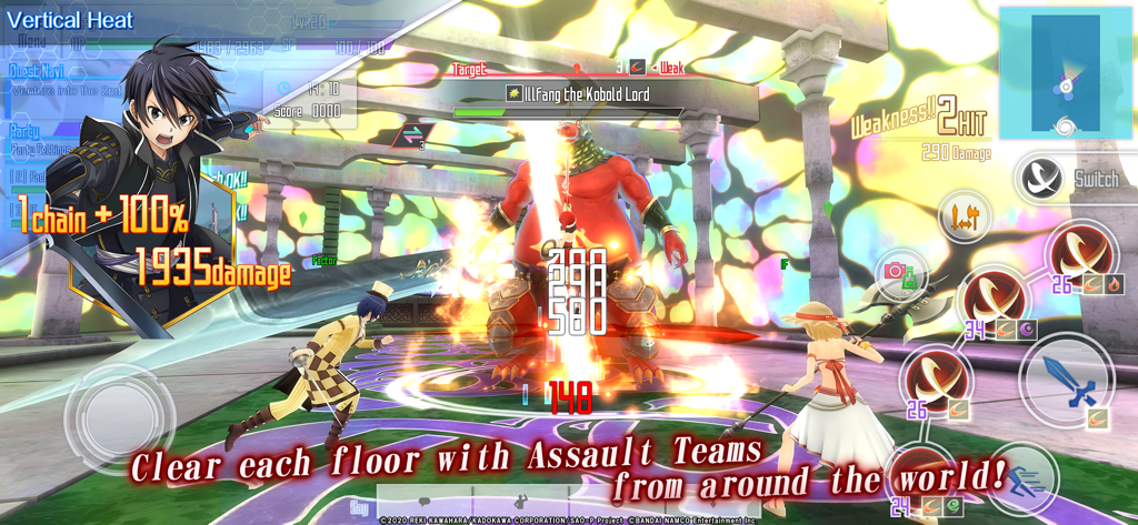 A group of players fighting the Kobold Lord boss in Sword Art Online Integral Factor mobile MMORPG