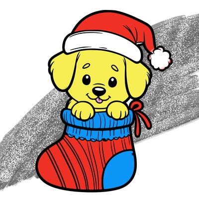 cute puppy wearing santa hat in socking