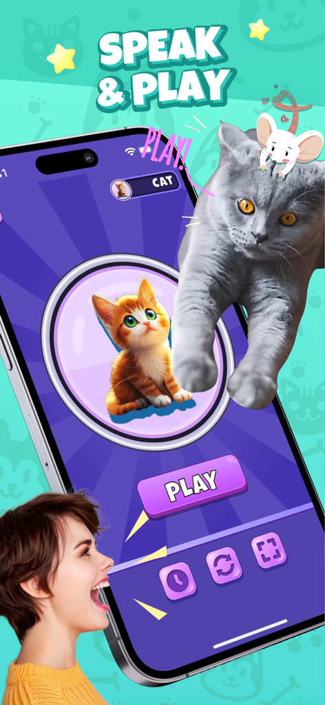 Cat Emotions: Sounds to Pet - Eine Frau benutzt die Sprech- und Spielfunktion der Katzenemotionen-App, um mit ihrer Katze zu interagieren