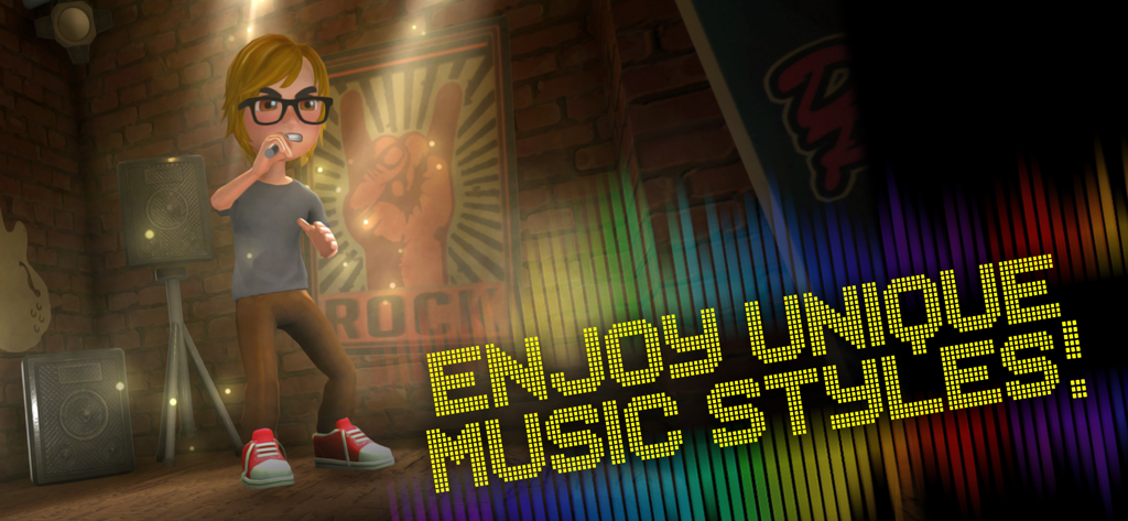 Un personaje cantando en un escenario de rock en el juego Youtubers Life Music