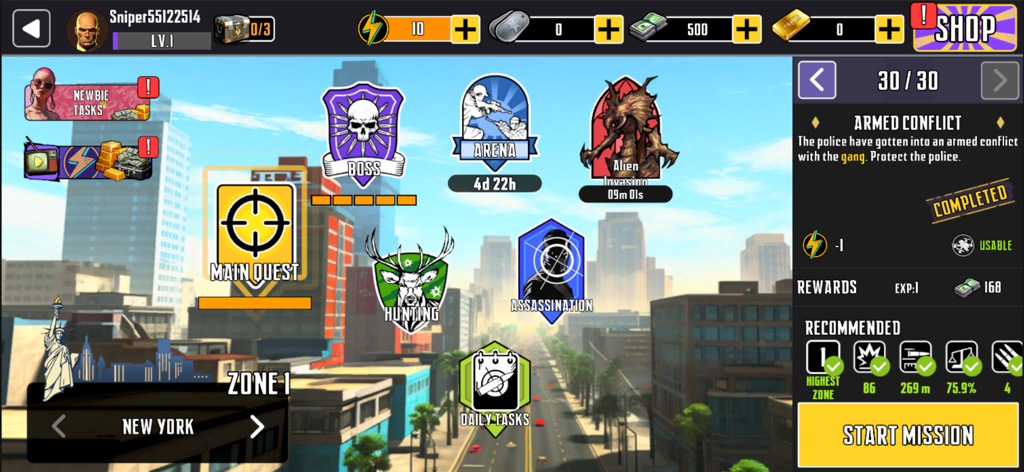 Ghost Shooting: 3d fps game - Ghost Shooting game mission selection screen with New York background