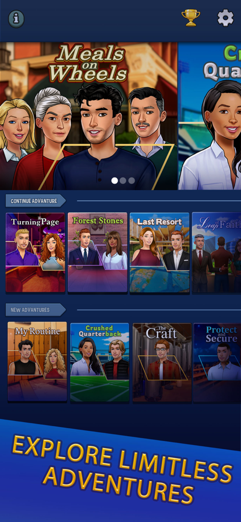 나의 성공 스토리 게임 앱에서 다양한 대화형 스토리 제목과 캐릭터 아바타를 보여주는 선택 메뉴.