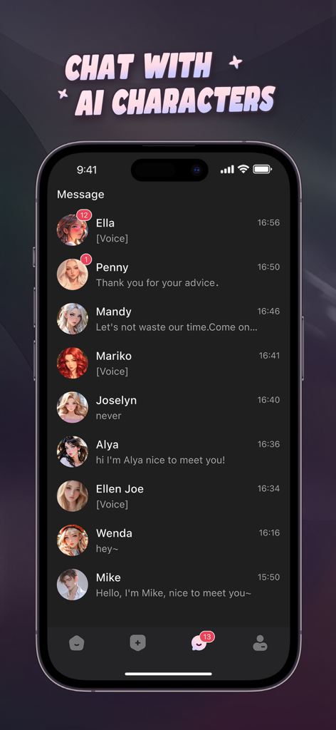 Honey.AI - A smartphone showing the Honey.AI app interface with a list of various AI characters available for real-time chat interaction.