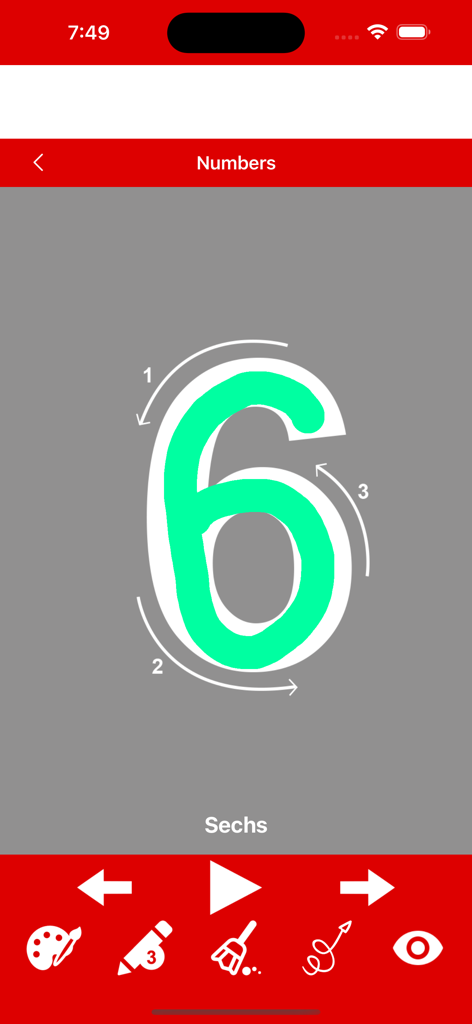 Write German Alphabet - ドイツの数字の6を、ガイド付き矢印と発音テキスト「Sechs」でなぞる方法を示す画面。