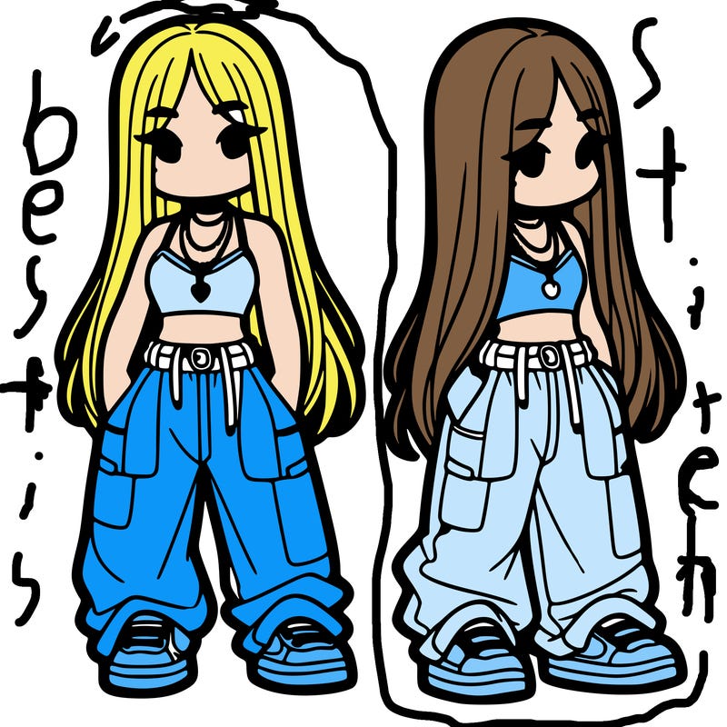 girl in baggy pants crop top and long hair