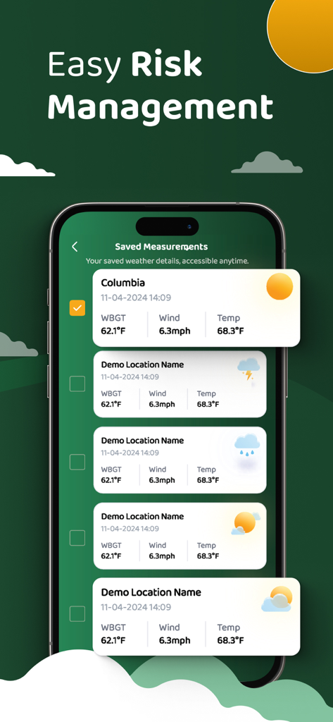 Zelus WBGT - Zelus WBGT app screen showing saved weather measurements for risk management and compliance