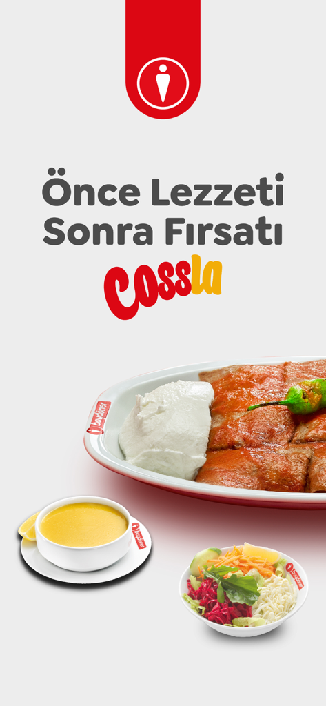 Bannière de l'application Baydoner Cossla présentant un kebab Iskender, une soupe et une salade avec du texte de récompense de fidélité