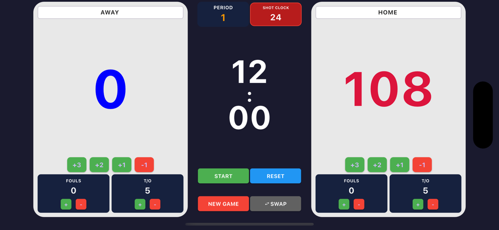 Simple Smart Score Board - Digital basketball scoreboard interface displaying home and away scores and game clock.