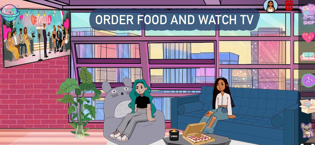 Moon World: Life & Style Sim - Dos personajes relajándose en un apartamento elegante con pizza y TV en Moon World