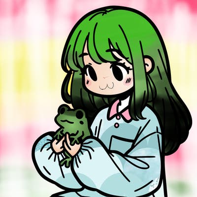 girl with long hair and a oversized shirt. and she is holding a frog